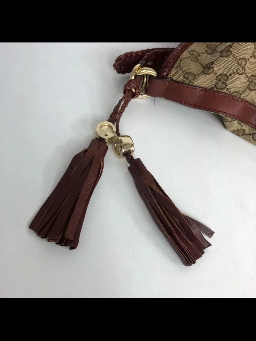 Gucci Beige Monogram Hobo with Brown Leather Trim and Tassel